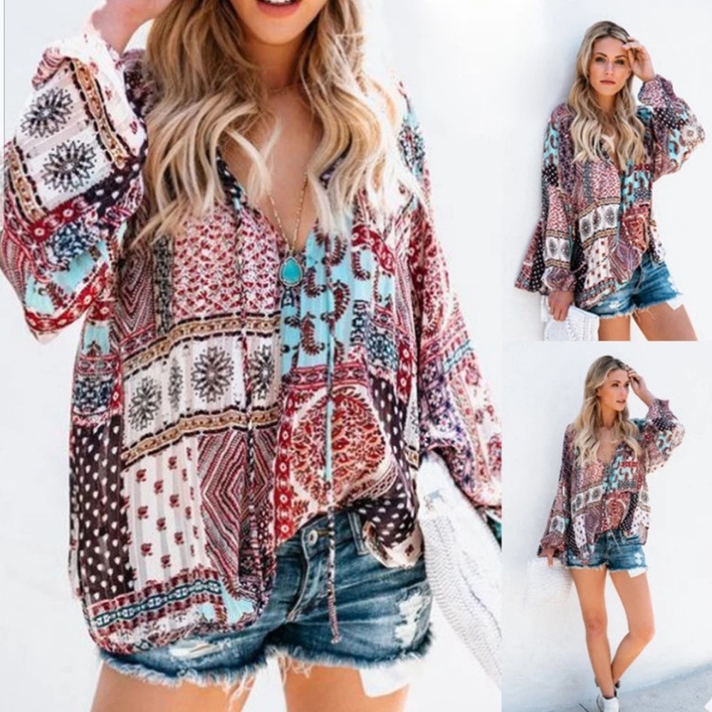 Boho Loose Fitting Semi Sheer Blouse Top Festival - Picture 2 of 5